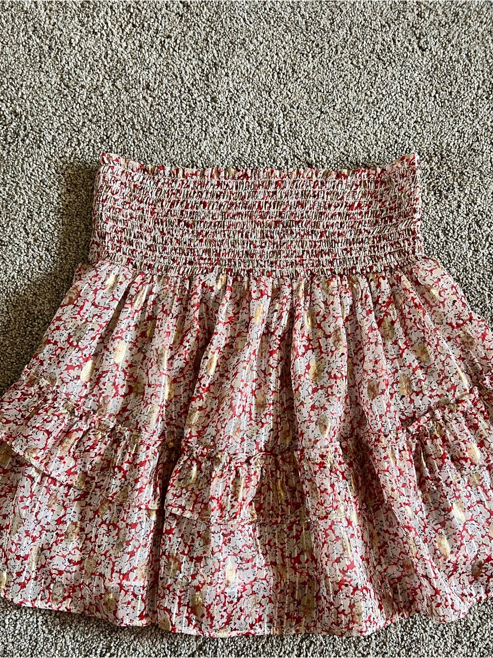 LINI Pink & Cream with Gold Floral Smocked Tier FairyCore Ruffled Mini Skirt XS